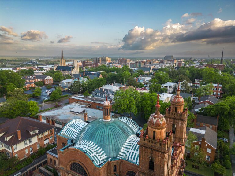 Wilmington, North Carolina, USA historic churches and downtown viewed from above. One of southern livings top places to live.
