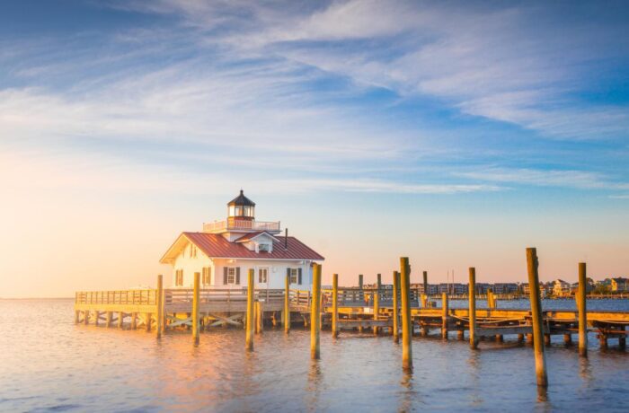 Manteo Lighthouse at sunset in the outer banks